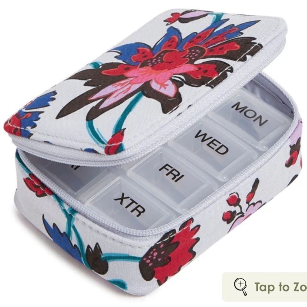 Vera Bradley Vineyard Floral Silver Gray Red Multi Cotton Zip Travel Pill Case